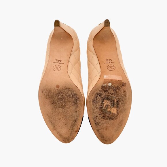 Chanel Quilted Cap Toe CC Pumps Size 36.5 US 5.5-6 Beige Black Low Heel Leather - Picture 12 of 14